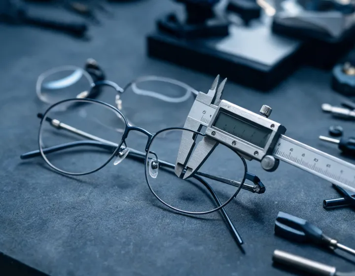 Custom eyeglass frames on an optical sizing bench, illustration only